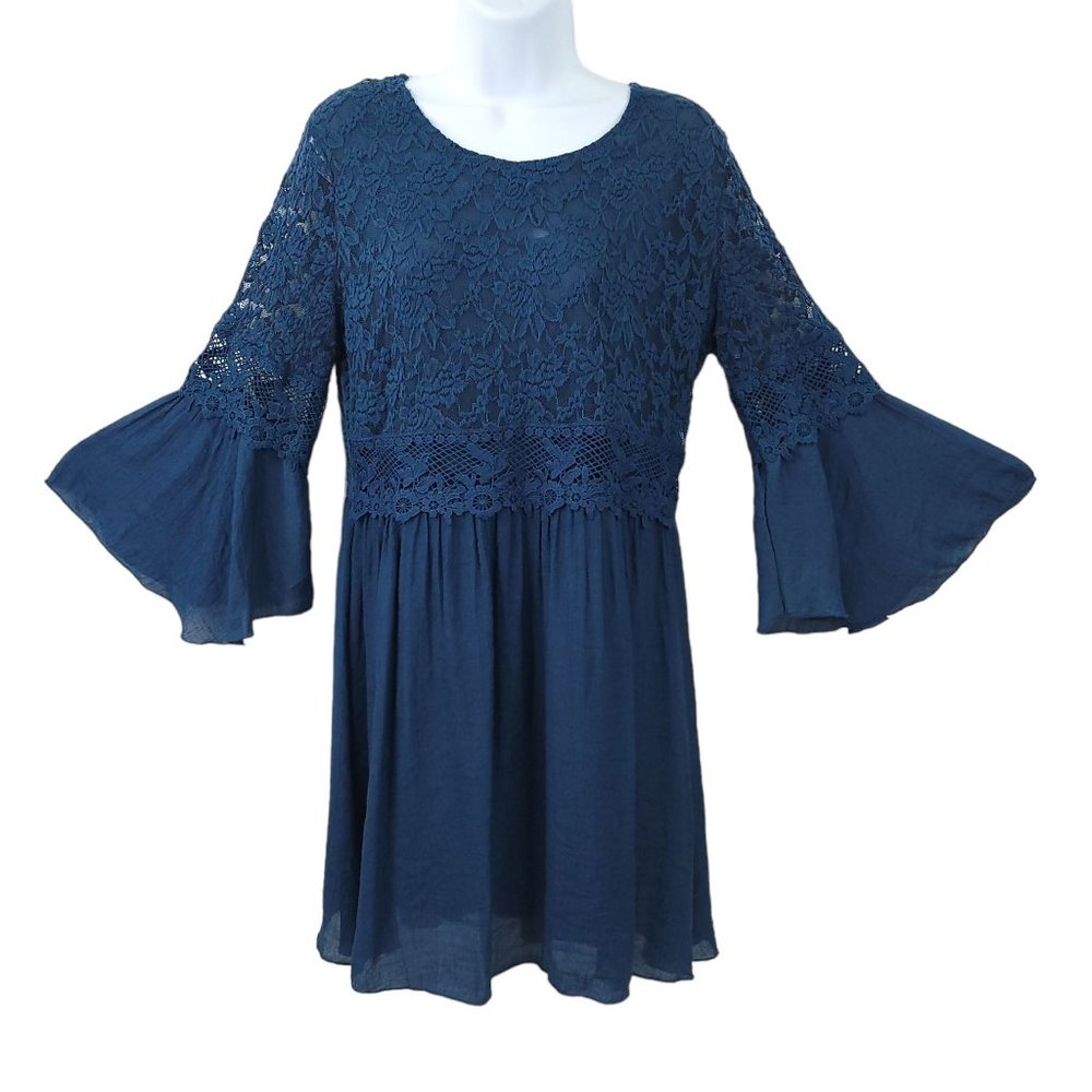 Indigo Soul Boho Mini Dress Womens Size S Lace Crochet Flare Bell Sleeves Lined